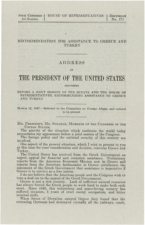 Truman'ın Kongre'ye Truman Doktrini konuşmasını içeren resmî belge sayfası